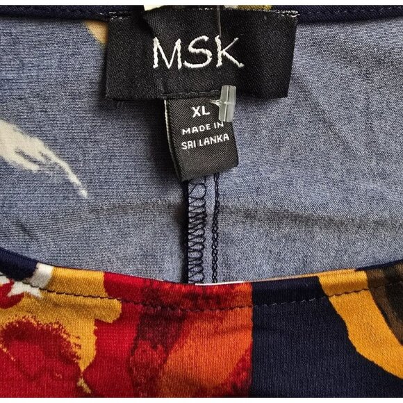 Womens MSK Floral Print Navy Dress XL 3/4 Sleeve Tie Cuffs Lightweight Soft Stre - Picture 4 of 8